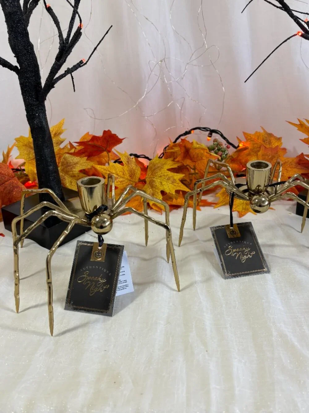 Spooky Nights Gold Metal LG Halloween Creepy Spider Taper Holder Set of 2 New
